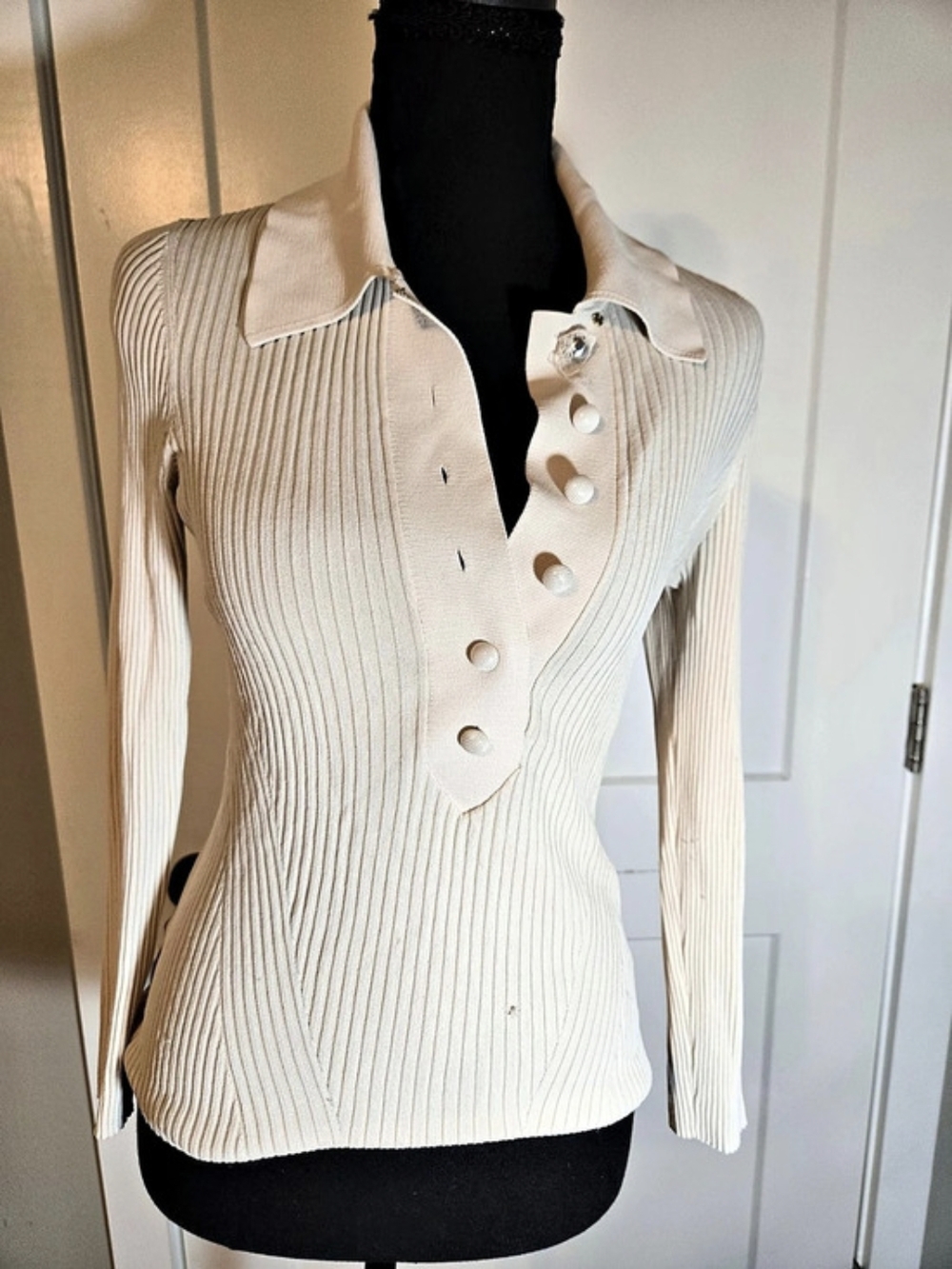 Zimmermann Cream Ribbed Knit Henley Polo Top Size 1 US 4/6